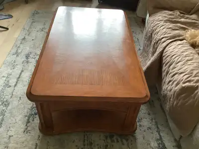 Oak end table and lift-top coffee table, View more