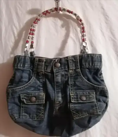 Unique LEVIS Denim Purse with Beaded Handles by Kathy Brady, View more