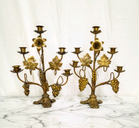 Pair Antique French Floral Candelabra Bronze Lilies Grapes Wheat