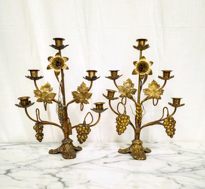 Pair Antique French Floral Candelabra Bronze Lilies Grapes Wheat, View more