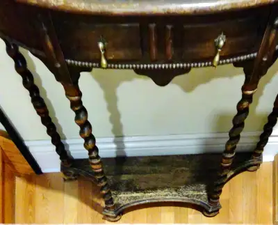 solid oak hall table purchased at Ridpath's in 1930's 35"W x 16"D x 30"H needs refinishing