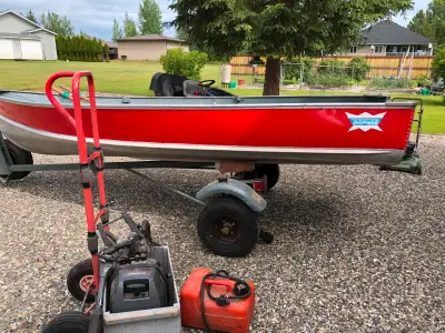 14 ft Thornes Aluminum fishing boat with trailer, spare tire , tie downs. 8 HP mercury Mariner 2 str...