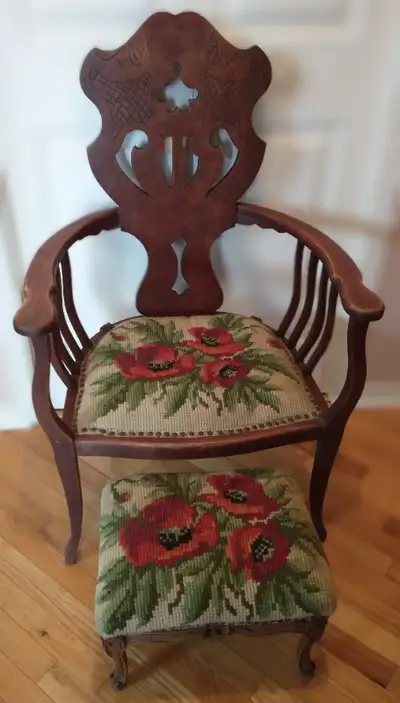 Matching needlepoint poppies on seats, slight discoloration due to age and usage Chair back approx 4...