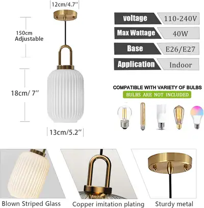 Brikey White Glass Pendant Light with Brass Gold Base, White Cei, View more