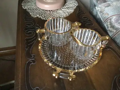 Vintage gold and glass cream and sugar set, View more