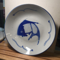 Vintage Chinese Koi Fish Blue White Porcelain Plate 8”