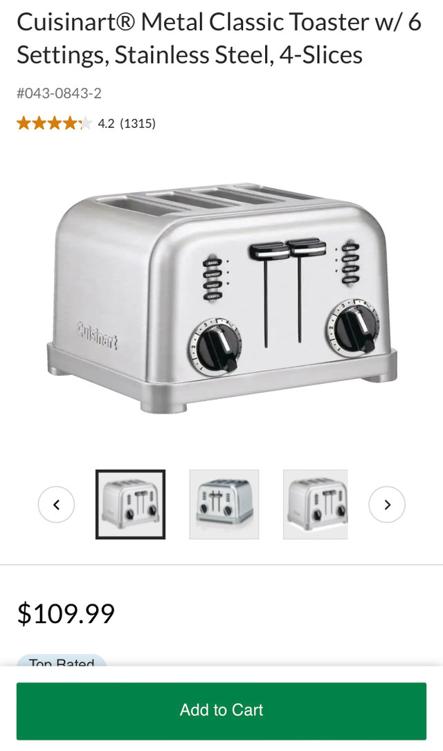 Cuisinart Stainless Steel 4 Slice Toaster  in Toasters & Toaster Ovens in Markham / York Region - Image 2