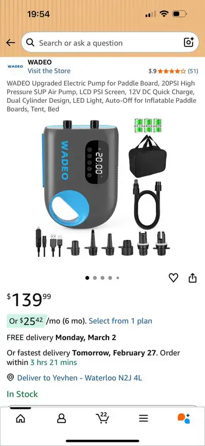 WADEO Electric SUP Air Pump 20PSI – Open Box , View more