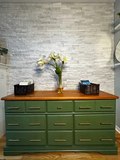  Refinished Solid Wood Green Dresser – 9 Drawers –, View more