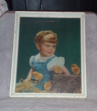 Vintage 1950's Wall Picture Girl with Baby Chicks, Kids Rm Decor