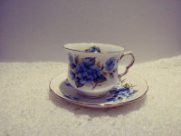 Tasse à thé et soucoupe assortie Queen Anne à motif floral bleu