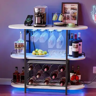 Bar Cabinets for Home, LED Coffee Bar with Power Outlets, Home Mini Bar for Liquor, Freestanding Win...