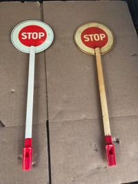 2 VINTAGE STOP / GO HAND SIGNS + ATTACHED WHISTLES GERMANY 1960s