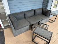 Outdoor resin wicker couch with 2 side tables and ottoman 