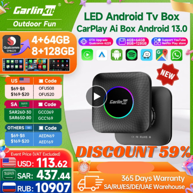 Carlinkit Ai Box Android 13 Led Wireless Android Auto & CarPlay in General Electronics in Hope / Kent - Image 2
