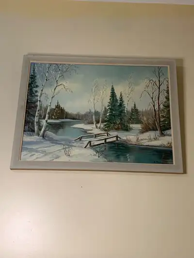 Beautiful original oil painting of a snowy winter scene — creek, birch trees and a wooden bridge. Si...