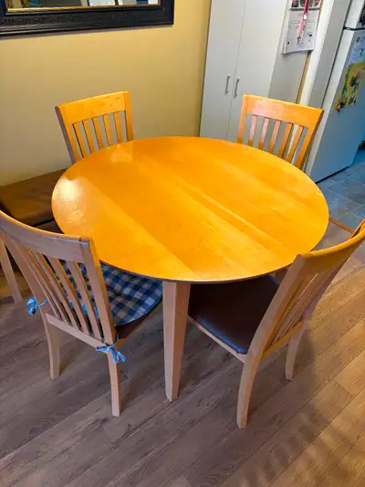 Extendable solid wood dining table and 4 chairs, View more