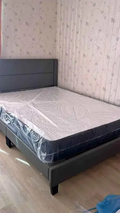 Modern Grey Upholstered Bed Frame with Mattress, View more