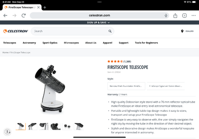 CELESTRON First Scope Reflector Telescope, Model #21024. Ideal first entry astronomical telescope. S...