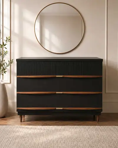 Refinished 42" MCM Wood Dresser | Black + Walnut, View more