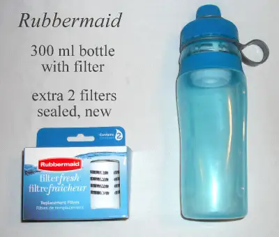 Rubbermaid 300 ml water bottle, shaped, extra filters, like new, View more