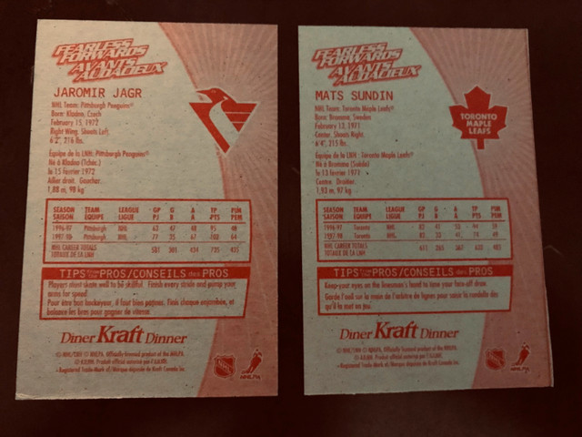 1998-99 Kraft Dinner Fearless Forwards Hockey Cards -Jagr Sundin in Arts & Collectibles in Woodstock - Image 2