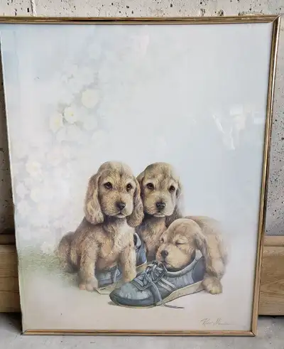 Estate item: RUANE MANNING PRINT PICTURE PUPPIES From cottage 20 inches X 17 inches Requires a new f...