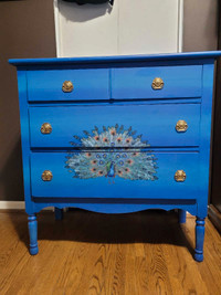 Beautiful Antique Hand Painted Dresser, blue and Gold peacock