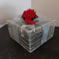 Silver Box With Silver Ribbon Berries & Flowers Lighted Gift Box
