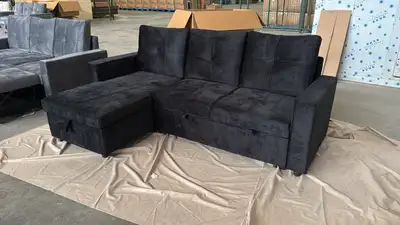 Velvet Sectional Sofa Bed with Chaise – Grey & Black, View more