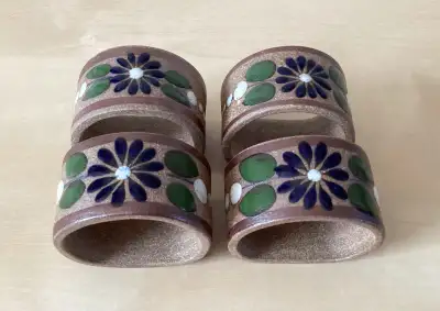 Set of 4 TONALA Mexico Clay Pottery Floral Napkin Rings, View more