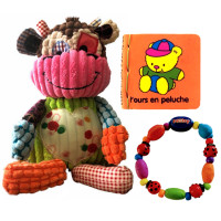 Jouets Trio peluche, collier de dentition et livre caoutchouc