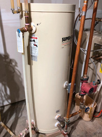 Oil tank, burner (with 2 zones) and hot water heater.