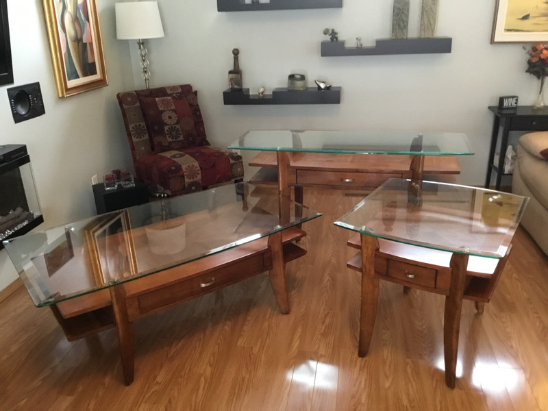 Trio of glass/wood coffee, end and sofa tables Coffee Tables