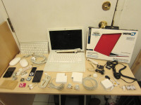 MacBook 13”, wireless keyboard, adapters, cables, I-Pods, Iphone