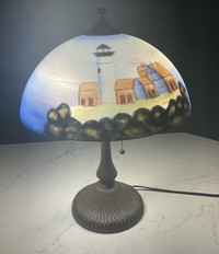 Vintage,Lighthouse, Reverse Painted Glass Lamp Shade Table Lamp 