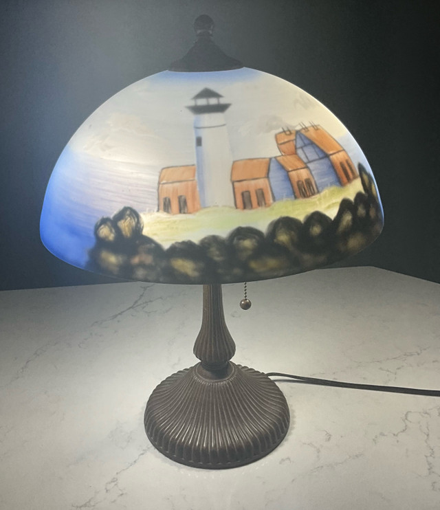Vintage,Lighthouse, Reverse Painted Glass Lamp Shade Table Lamp  in Indoor Lighting & Fans in Owen Sound