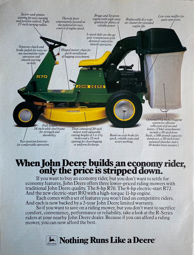 1985 John Deere R70 Lawn Mower Original Ad  in Arts & Collectibles in North Bay