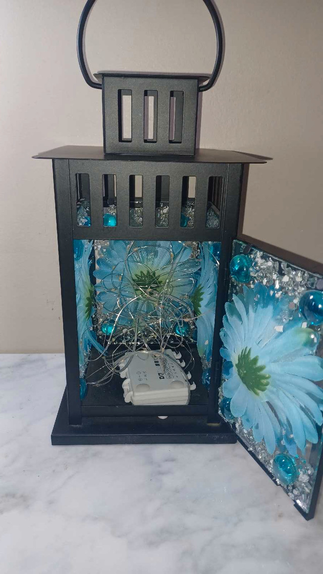 11"T Ikea Black Lantern w Blue Flowers & Glass Fairy lights incl in Home Décor & Accents in Calgary - Image 2