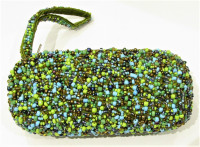 NEW, SMALL CYLINDRICAL TURQUOISE GLASS BEADED EVENING BAG