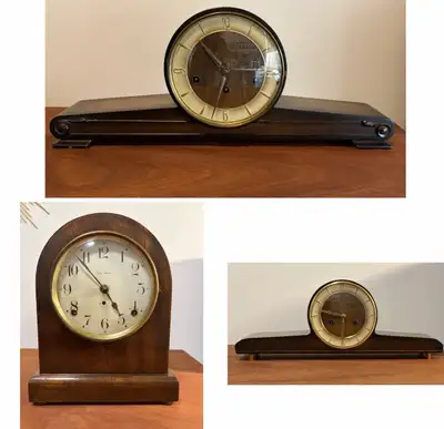 THREE VINTAGE MECHANICAL MANTEL CLOCKS — ALL WORKING All three clocks have been tested and are in wo...