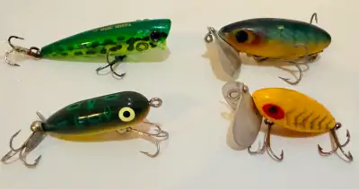 ALL 4 FOR ONLY $25 Heddon Tiny Torpedo Vintage Plastic Crank-bait Fishing Lure, Frog Color FRED ARBO...
