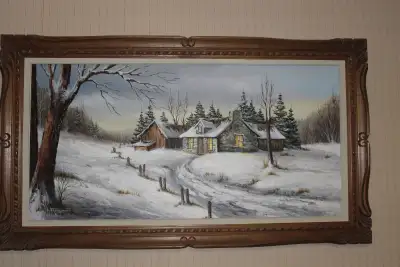 Peinture a l'huile des debuts des années 70, Superbe toile, le nom de l'artiste M. Turgeon, une scen...