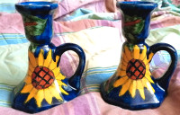 2 Vintage pottery hand paint sun flower design candle sticks