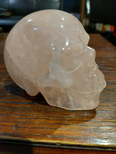 Hand carved rose quartz skull, View more