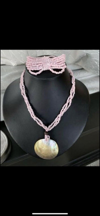 Pink beads & shell necklace with matching bracelet set