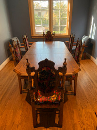 Antique Solid Oak Dining Table & 6 Chairs - Vintage circa 1970s