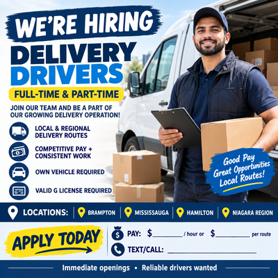 NOW HIRING DELIVERY DRIVERS – BRAMPTON, MISSISSAUGA, HAMILTON, View more
