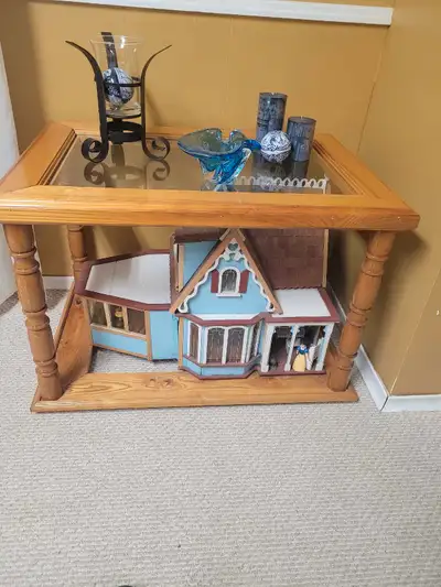 glass and wood table/doll house, View more