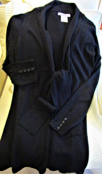 ITALIAN FINE KNIT WOOL BLACK TIE FRONT CARDIGAN, 1X